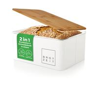 Lumaland Cuisine Panera, fiambrera de metal con tapa de bambú, caja rectangular de 30,5 x 23,5 x 14 cm, fiambrera y tabla de cortar 2 en 1, color blanco