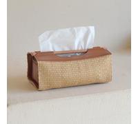 Caja de pañuelos de jacinto de agua y cuero PU - Portapañuelos elegante con asa de madera maciza contenedor práctico para salón,baño y oficina,organizador decorativo (24,5×12×9,5 cm)