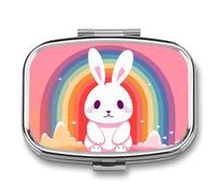 Caja de pastillas de conejo y arco iris, 2 compartimentos, estuche portátil para pastillas con espejo para bolsillo de viaje, mini organizador de medicamentos de metal para vitaminas y aceite de