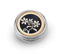 Caja de pastillas de flores negras hecha a mano de cobre, caja de pastillas redonda de 3 compartimentos, organizador de medicamentos portátil, organizador de pastillas de viaje