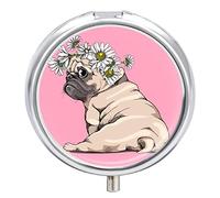 Caja De Pastillas De Metal Flor Perro Pug Pastillero Portátil Organizador De Medicamentos Contenedor De Soporte De Vitaminas