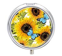 Caja De Pastillas De Metal Girasoles Mariposas Azules Pastillero Portátil Organizador De Medicamentos Contenedor De Soporte De Vitaminas
