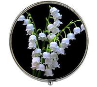 Caja de píldoras con diseño de lirio de los valles, color blanco sobre negro, caja de píldoras de cristal