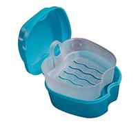 Caja de prótesis con colador, contenedor portátil de almacenamiento de dientes falsos, caja de retención dental de ortodoncia, kit de limpieza de dentaduras para viajes, limpieza de retenedores (azul