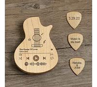 Caja de púas de guitarra de madera personalizada con 3 púas, caja de púas de guitarra grabada de Spotify canción, púas de guitarra de madera para guitarra eléctrica, acústica o bajo, madera de arce