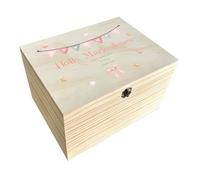 Caja de recuerdos personalizada para bebé con guirnalda rosa | Caja de regalo Treasured Memories para recién nacidos | Nombre y fecha personalizados | Caja de pino con bisagras de metal y cierre | 20