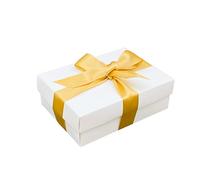 Caja de regalo blanca con tapa | Elige tu cinta de color | Pequeñas cajas de regalo de cumpleaños o regalos de bebé | Tamaño 148 x 105 x 50 mm (cinta dorada 56)