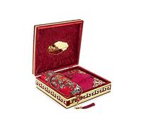 Caja de regalo cubierta de terciopelo islámico de lujo, juego de 4 piezas con elegante terciopelo cubierto de Quran y cuentas de oración Tesbih y alfombra de oración, color burdeos