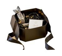 Caja de regalo de cumpleaños con iluminación LED, diseño hexagonal personalizado para mujeres/hombres, con tarjeta de felicitación + papel de regalo, reciclado FSC (negro, 800 g, tamaño mediano