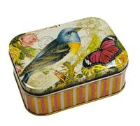 Caja de regalo de diseño Nostalgia - Pequeña lata rectangular - diseño de pájaro y mariposa - Bombonera, pastillero, lata - Dimensiones: 10,5 x 7,8 x 6,4 cm (largo x ancho x alto)