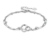 Caja de regalo incluida, pulsera para mujer, con acabado plateado brillante, cadena ajustable y piedras de circonita, anillo doble geométrico de plata de ley 925