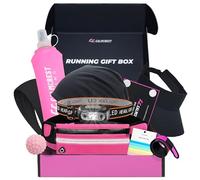 Caja de regalo rosa para mujer - 10 artículos esenciales para correr de primera calidad, incluyendo cinturón para correr, linterna impermeable, botella de agua, gorro para correr, visera, 7 lazos de