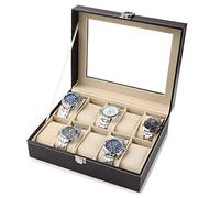 Caja de Reloj con 10 Compartimentos, Organizador de Almacenamiento para Relojes, Estuche de Cuero Sintético Negro con Cojines Extraíbles, Ideal para Coleccionistas y Regalo