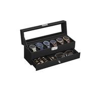 SONGMICS Caja de Reloj, Navidad, Estuche de Reloj con Tapa de Cristal de 2 Niveles para 6 Relojes, Cerradura, 1 Cajón, para Anillos Pulseras, Regalo Ideal, Superficie PU Negro y Forro Negro JWB060B02