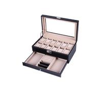 Songmics Caja de Reloj, Estuche de Reloj con Tapa de Cristal de 2 Niveles para 12 Relojes, Cerradura, 1 Cajón, para Anillos Pulseras, Regalo Ideal, Cuero Sintético Negro y Forro Beige Verdoso JWB012