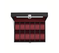 SONGMICS Caja de Relojes con 12 Compartimentos, Estuche de Relojes con Tapa de Cristal, Cojín Extraíble, Cierre Metálico, Regalo, Cuero Sintético Negro y Forro Rojo Burdeos JWB120R01