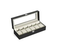 SONGMICS Caja de Relojes con 6 Compartimentos, Estuche de Relojes con Tapa de Cristal, Cojín Extraíble, Cierre Metálico, Regalo, Cuero Sintético Negro y Forro Verde Beige JWB06BE