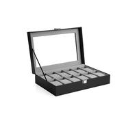 SONGMICS Caja de Relojes con 12 Compartimentos, Estuche de Relojes con Tapa de Cristal, Cojín Extraíble, Cierre Metálico, Regalo, Cuero Sintético Negro y Forro Gris Verdoso JWB12BK