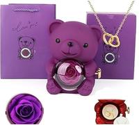 Caja de rosa real preservada y oso con collar de corazón, collar de corazón con rosa real en forma de oso, caja de regalo for Navidad, día de San Valentín, día de la madre, cumpleaños(Purple)