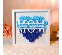 Caja de Sombra de Flores Personalizada para Mamá con Nombre de Miembro de la Familia, Marco de Flores Secas en Forma de Corazón, Regalo de Cumpleaños para el Día de la Madre(Azul)