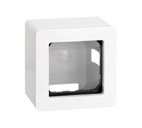 Caja de superficie blanca, ideal para instalaciones eléctricas, proporciona protección y accesibilidad en conexiones de cableado.