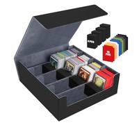 Caja de Tarjetas para Más de 3200 Tarjetas, Cajas de Almacenamiento de Tarjetas Coleccionables con 10 Divisores de Colores y 4 Espuma, Cajas de Cubierta Magnéticas Premium, para TCG Magic(Negro Gris)