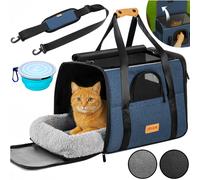 CADOCA® Transportín Perros Gatos Plegable Bolsa Transporte Mascotas Cojín Comedero Bandas Reflectantes Compacto Ligero Viajes Coche Tren Azul