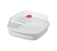 Caja de vapor multiusos para microondas con diseño de ala ancha, tapa visible, agujeros de drenaje eficientes, materiales resistentes al calor, mango ergonómico esencial para cocina, vaporizador de