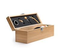 Caja de vino de madera y kit de accesorios de Sommelier - Juego de abrebotellas, cortapápsulas, tapón y protector de gota de acero inoxidable - Elegante porta vinos - Idea regalo original cumpleaños
