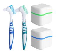 Caja dentadura postiza con cepillo - Set de 2 cajas portátiles sin BPA con cepillos de limpieza, almacenamiento higiénico y seguro para dentaduras, férulas y aparatos dentales de viaje