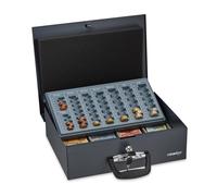 Relaxdays Caja Dinero, con Cierre, Contador de Monedas, Acero, 2 Llaves, Cambio y Billetes, 10,5 x 36 x 27,5 cm, Negro