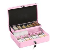 Relaxdays Caja Dinero con Llave, Bandeja Monedas y 4 Espacios Billetes, Cajita Hierro, 8,5x30,5x24,5 cm, Rosa