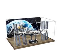 Caja expositora acrílica transparente a prueba de polvo, compatible con Lego 21321 Space Station, caja de almacenamiento, vitrina (solo caja de exhibición) (base de madera + fondo de 3 mm)