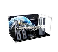 Caja expositora acrílica transparente a prueba de polvo, compatible con Lego 21321 Space Station, caja de almacenamiento, vitrina (solo caja de exhibición) (base negra + fondo de 3 mm)
