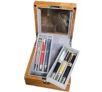 Caja expositora de bolígrafos de madera, caja de almacenamiento para plumas estilográficas de lujo, caja organizadora para 6 bolígrafos y 2 ranuras para almacenamiento de botellas de tinta, con ventan