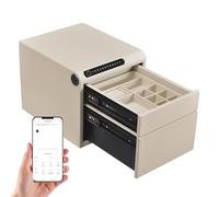 Caja fuerte de joyería con huella dactilar biométrica y cajones, caja de almacenamiento deslizable envuelta en cuero con teclado digital, caja de seguridad inteligente para dormitorio de casa white