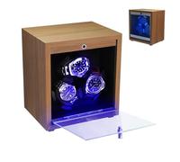 Caja Giratoria para Relojes Automáticos, Caja Giratoria con 3 Relojes Automáticos | 4 Modos de Rotación | Luz LED Azul | Almohadilla de Espuma | Vitrina de Madera, Función de Parada con Tapa Abierta