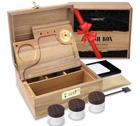 Caja grande de madera de acacia con cerradura de combinación, caja de madera decorativa con bandeja extraíble, higrómetro, paquete de frescura, pinceles, vasos y bolsas selladas