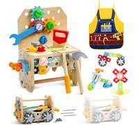 Caja Herramientas Juguetes Coche de Madera, 39 Piezas Juegos Construccion con Delantal Infantil, Herramientas Coche Juguetes Niños 2 Años Montessori Juegos Educativos, Regalo Niño Niñas 2 3 4 Años