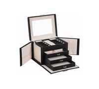 SONGMICS Caja Joyero de 4 Niveles, Caja para Joyas con Asa, 3 Cajones, Espejo, Cerradura, para Viajar, Regalo, Superficie Negro Tinta y Forro Beige Arena JBC159B01