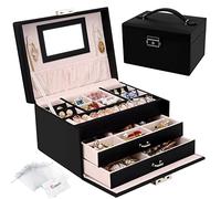 Caja joyero, Organizador de Joyas Grande con Cajón y Cerradura, Organizador Joyas Joyeros Organizador de 3 Niveles con Espejo, Caja organizadora para Collares Pendientes, Anillos, Negro