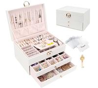 Caja joyero, Organizador de Joyas Grande con Cajón y Cerradura, Organizador Joyas Joyeros Organizador de 3 Niveles, Caja organizadora para Collares Pendientes, Anillos, Blanco