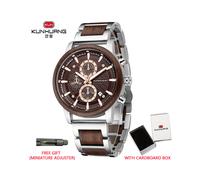 (Caja marrón plateada) Relojes de madera KUNHUANG, reloj retro de cuarzo de madera multifunción luminoso