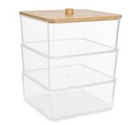 Caja Organizadora Cosméticos Acrílica Transparente con Tapa Bambú para Bolas Algodón y Accesorios Pequeños Belleza Multinivel para Vanidad, Tapa bambú cilindro