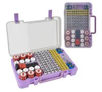 Caja organizadora de baterías con comprobador de comprobador. Caja de soporte para baterías para más de 120 pilas AA AAA 9V C D litio CR2025 CR1632 CR2032 con diseño montado en la pared, color morado