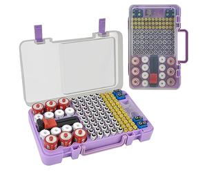 Caja organizadora de baterías con comprobador de comprobador. Caja de soporte para baterías para más de 120 pilas AA AAA 9V C D litio CR2025 CR1632 CR2032 con diseño montado en la pared, color morado