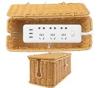 Caja organizadora de cables con tapa y 2 ranuras abiertas, hecha a mano, de ratán sintético, organizador de cables debajo del escritorio, para TV, ordenador, enrutador, concentrador USB y regleta de
