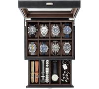 Caja organizadora de reloj de cuero negro para hombres - Caja de reloj con 8 ranuras con cajón,Funda de lujo para relojes grandes,Caja de reloj de pulsera para hombres,Caja de reloj para hombre