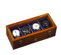 Caja organizadora de relojes para hombre - Caja de madera con 4 compartimentos, marrón vintage, hecha a mano, con revestimiento de palisandro y tapa de cristal | Ideal para eventos especiales