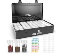 Caja organizadora de semillas, banco de semillas negro opaco a prueba de luz con 60 botellas y etiquetas transparentes, organizador de paquetes de semillas, contenedor de bóveda de semillas para